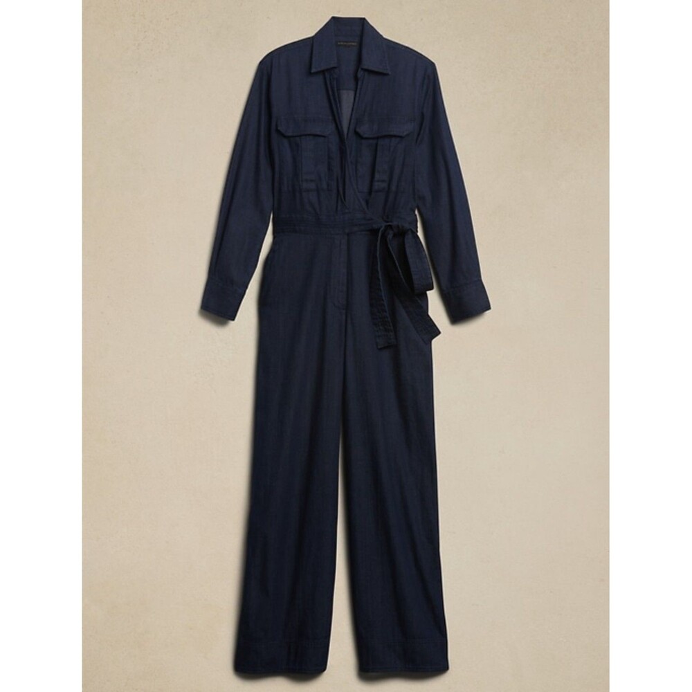 New Banana Republic Jumpsuit Size 6 Denim Wrap Top Dark Blue Long Sleeve NWOT - Picture 3 of 15